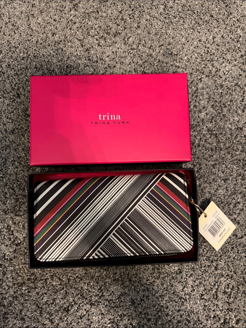 Trina Turk Black and White Diagonal Stripe Zip Wallet with Multicolor Accents
